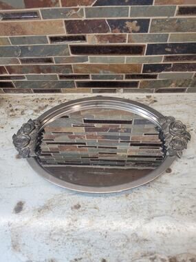 Vintage Godinger Silver Plated Mirrored Vanity Tray Rose Handles Oval 14"